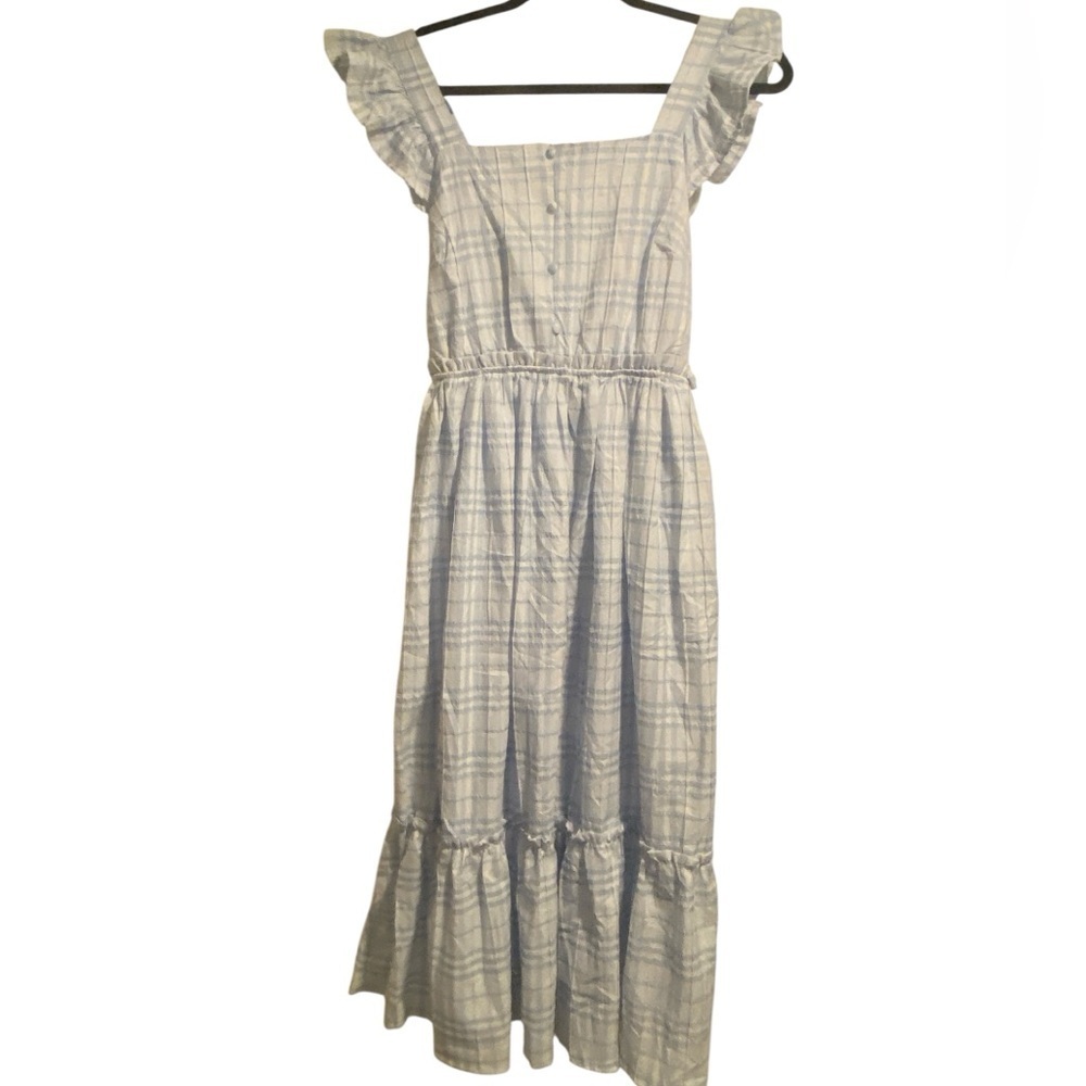 By the River Women’s Summer Midi Ruffle Feminine White Blue Plaid size small